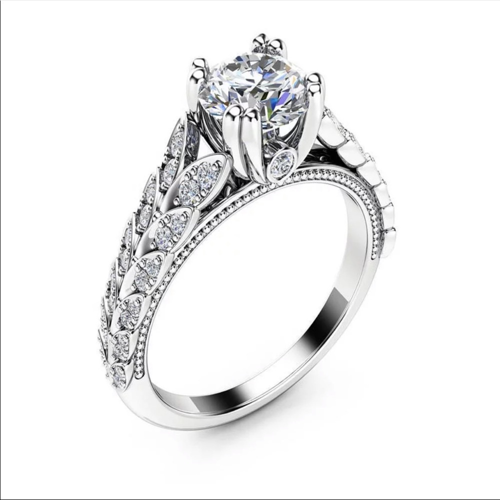 New 925 Silver Two Row Leaves Women’s Diamond Ring